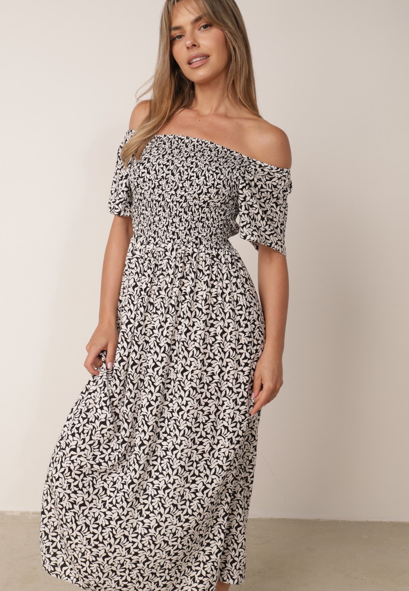 defox Rochie din bumbac tip bardot cu model vegetal și parte superioară încrețită Mothesa Neagră