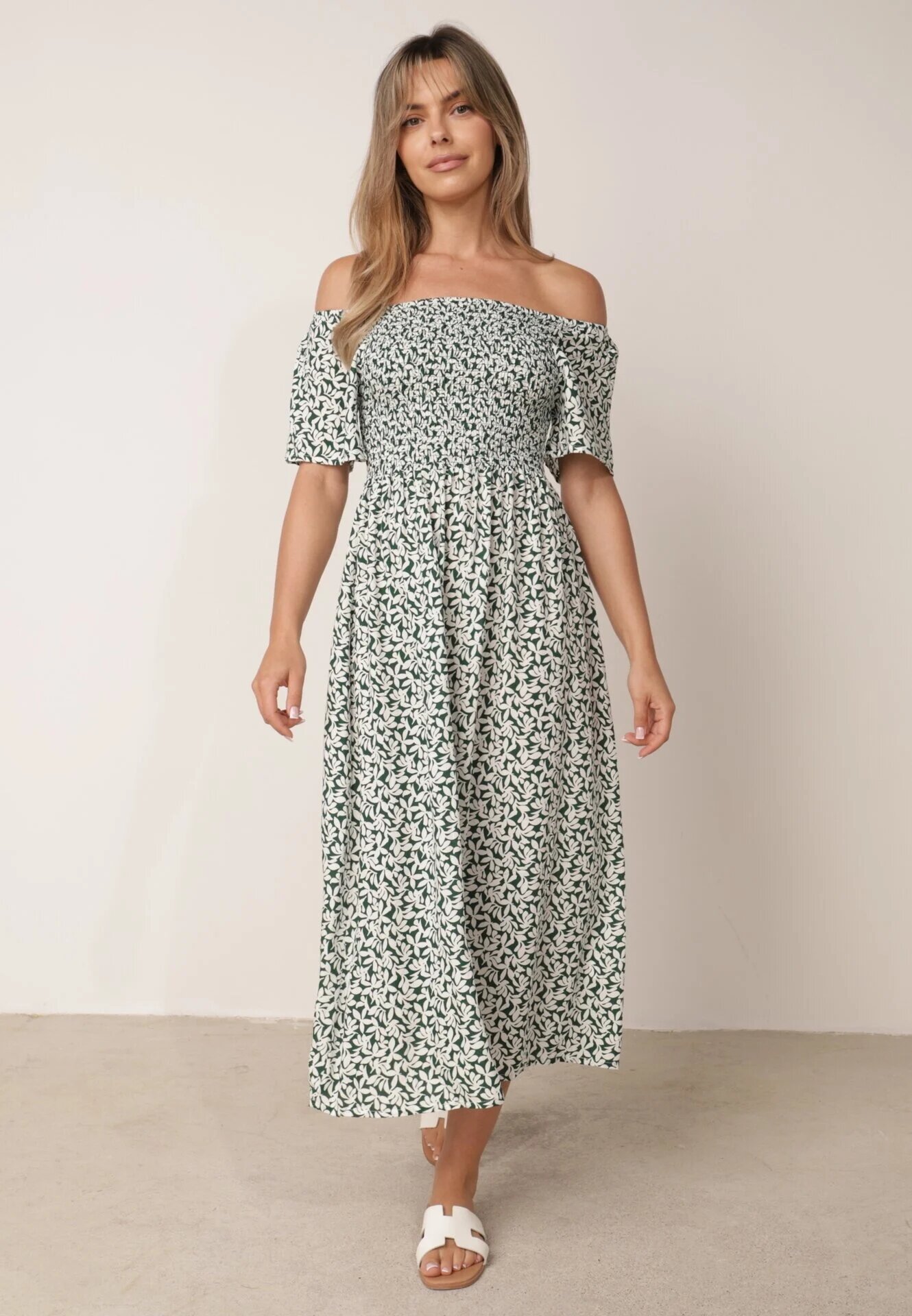defox Rochie din bumbac tip bardot cu model vegetal și parte superioară încrețită Mothesa Verde