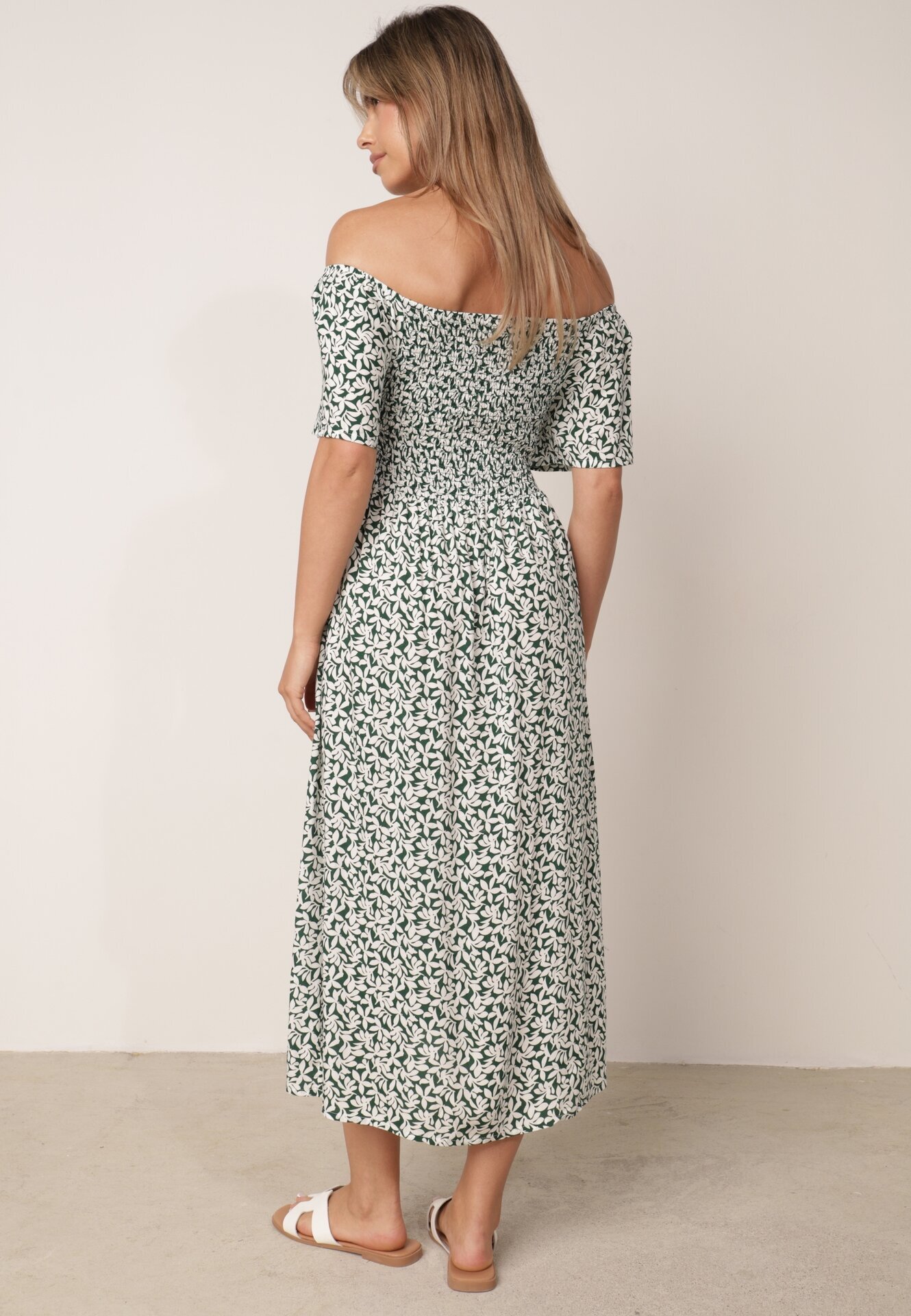 defox Rochie din bumbac tip bardot cu model vegetal și parte superioară încrețită Mothesa Verde