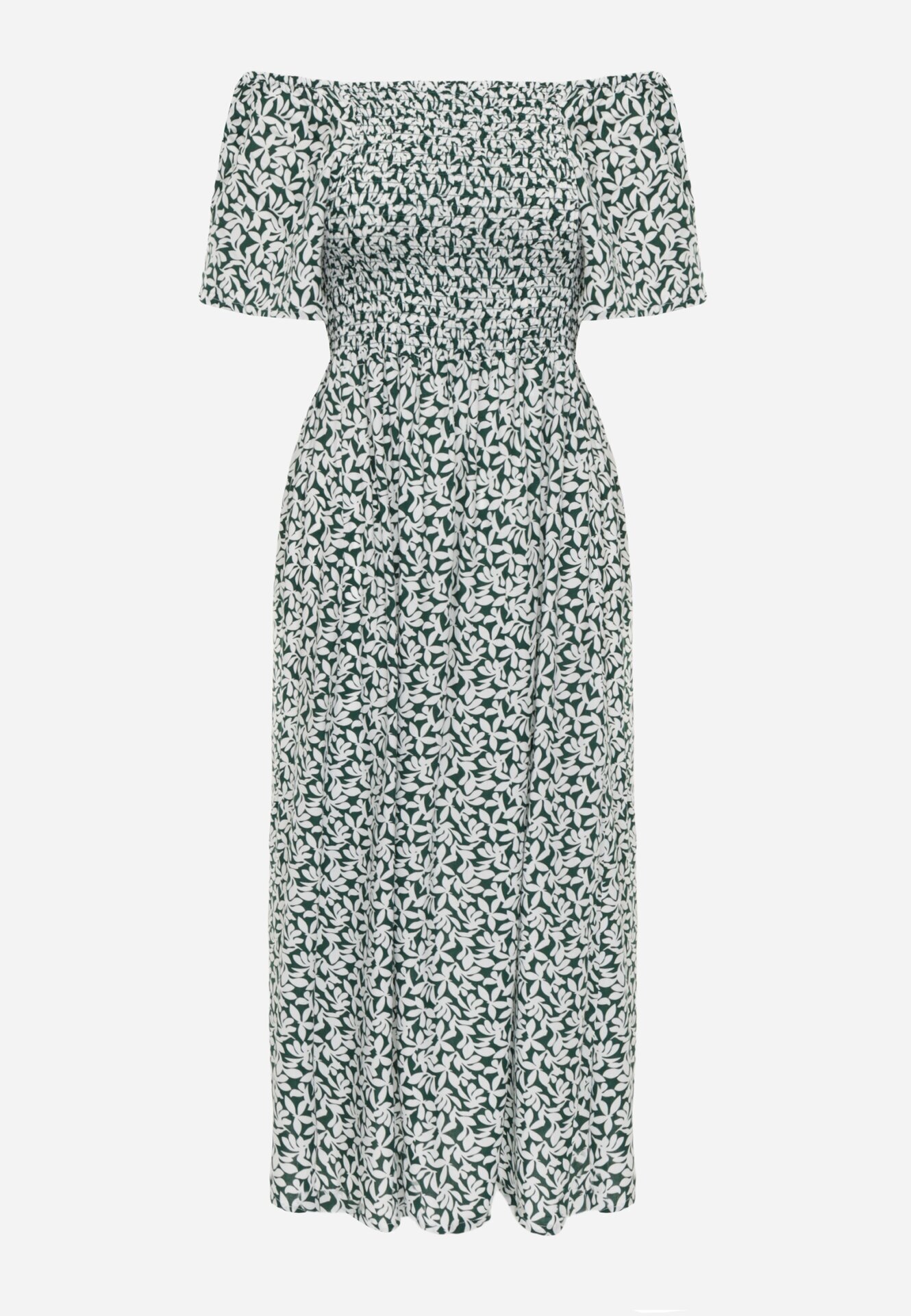 defox Rochie din bumbac tip bardot cu model vegetal și parte superioară încrețită Mothesa Verde