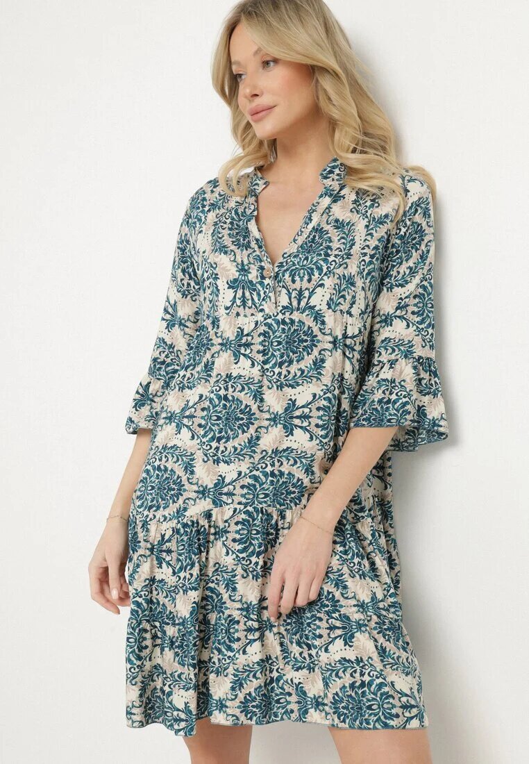 defox Rochie evazată Bleumarin-bej din bumbac cu volane cu imprimeu ornamental Lanoreth