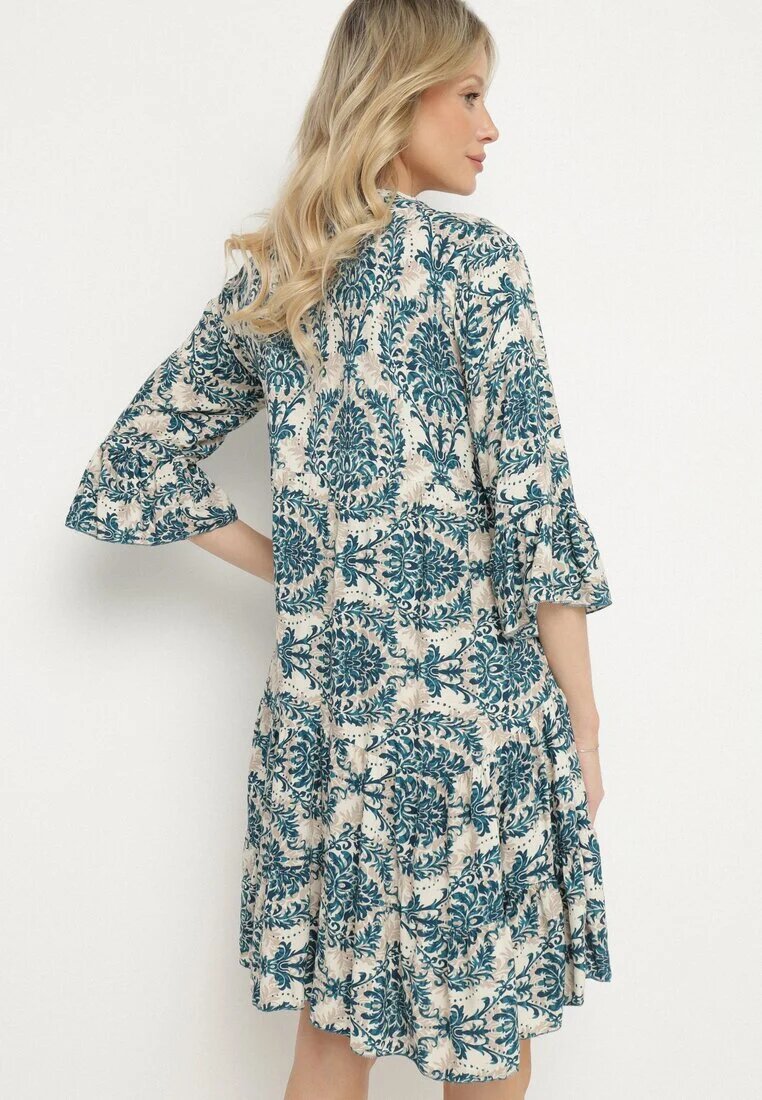 defox Rochie evazată Bleumarin-bej din bumbac cu volane cu imprimeu ornamental Lanoreth