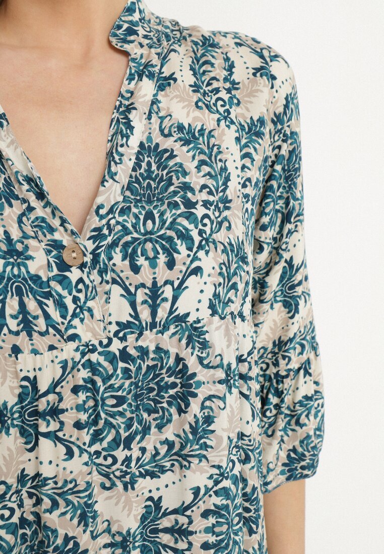 defox Rochie evazată Bleumarin-bej din bumbac cu volane cu imprimeu ornamental Lanoreth