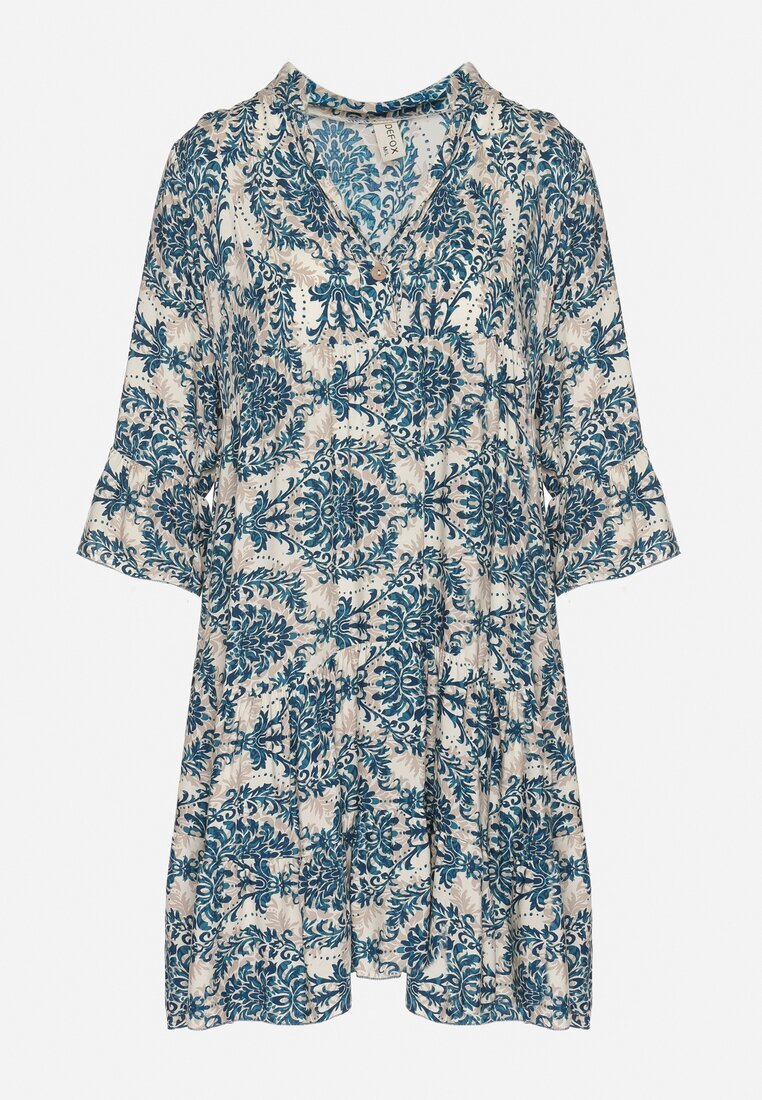 defox Rochie evazată Bleumarin-bej din bumbac cu volane cu imprimeu ornamental Lanoreth