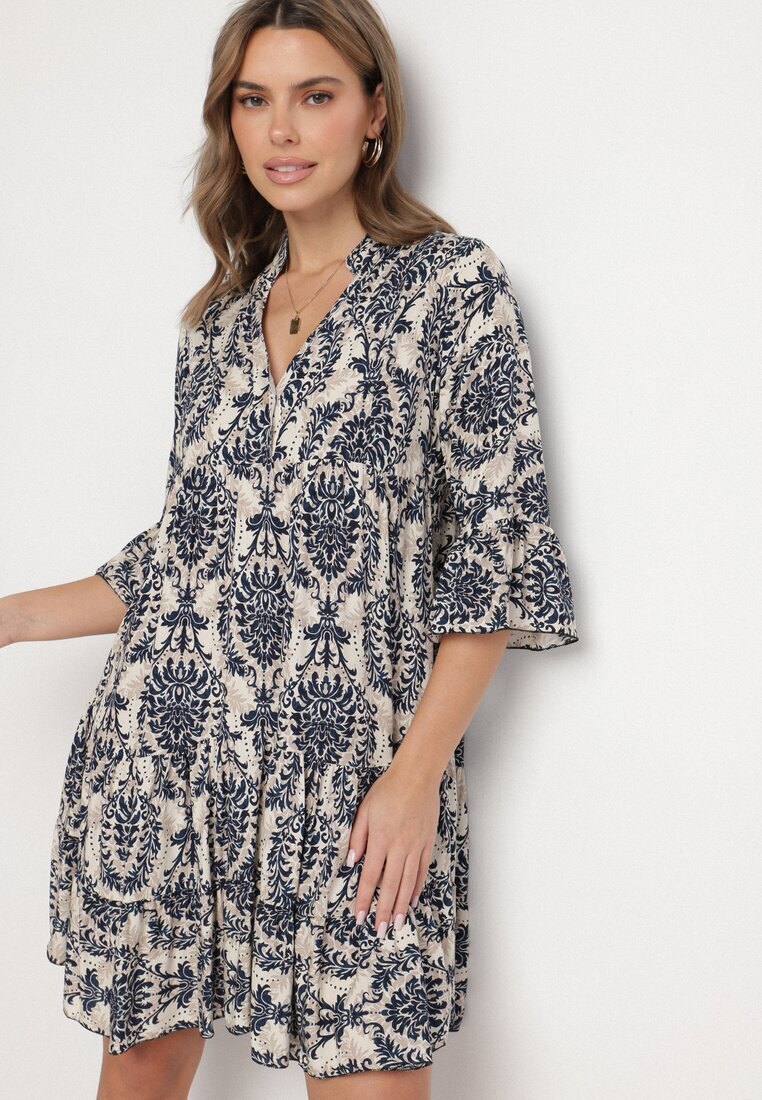defox Rochie evazată bleumarin din bumbac cu volane cu model ornamental Lanoreth