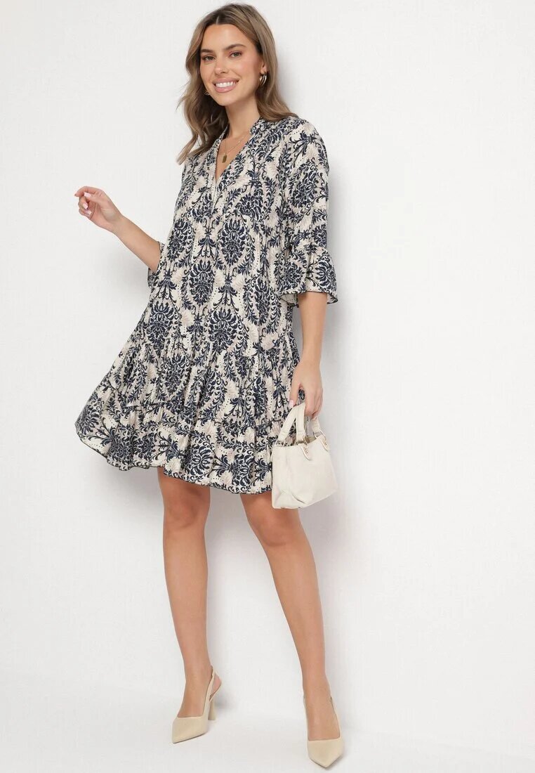 defox Rochie evazată bleumarin din bumbac cu volane cu model ornamental Lanoreth