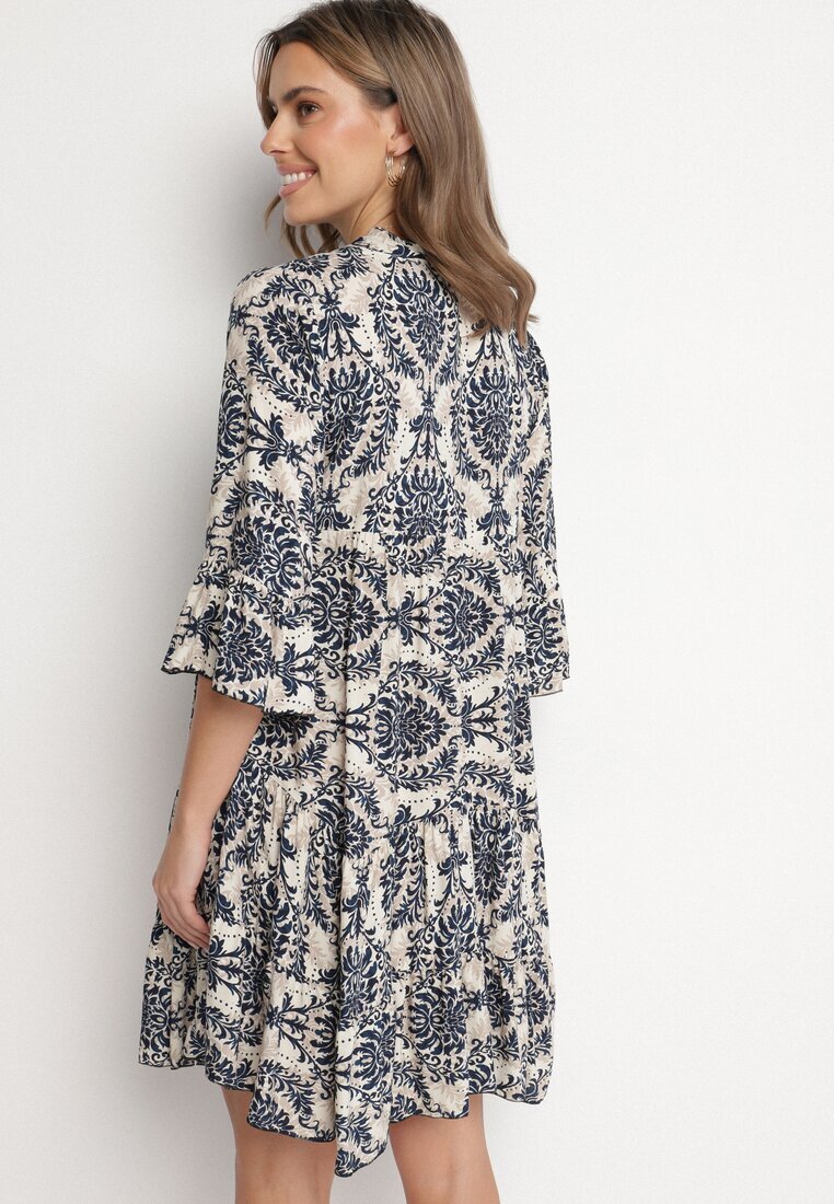 defox Rochie evazată bleumarin din bumbac cu volane cu model ornamental Lanoreth