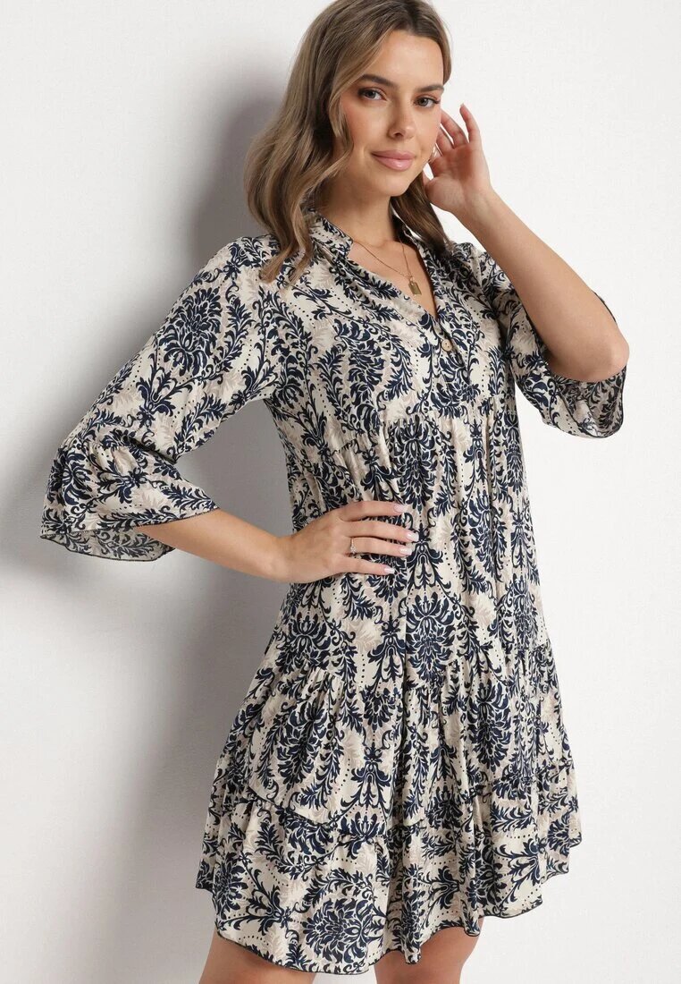 defox Rochie evazată bleumarin din bumbac cu volane cu model ornamental Lanoreth