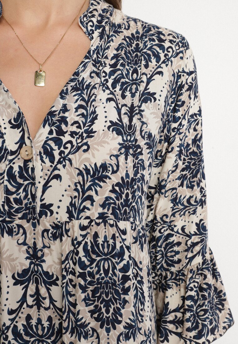 defox Rochie evazată bleumarin din bumbac cu volane cu model ornamental Lanoreth