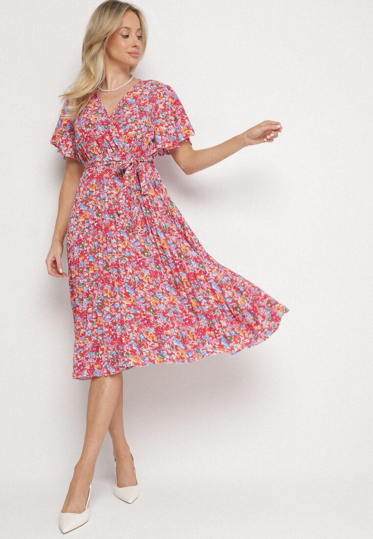 defox Rochie Evazată Roșie Florală cu Decolteu Petrecut Plisată Lanasira