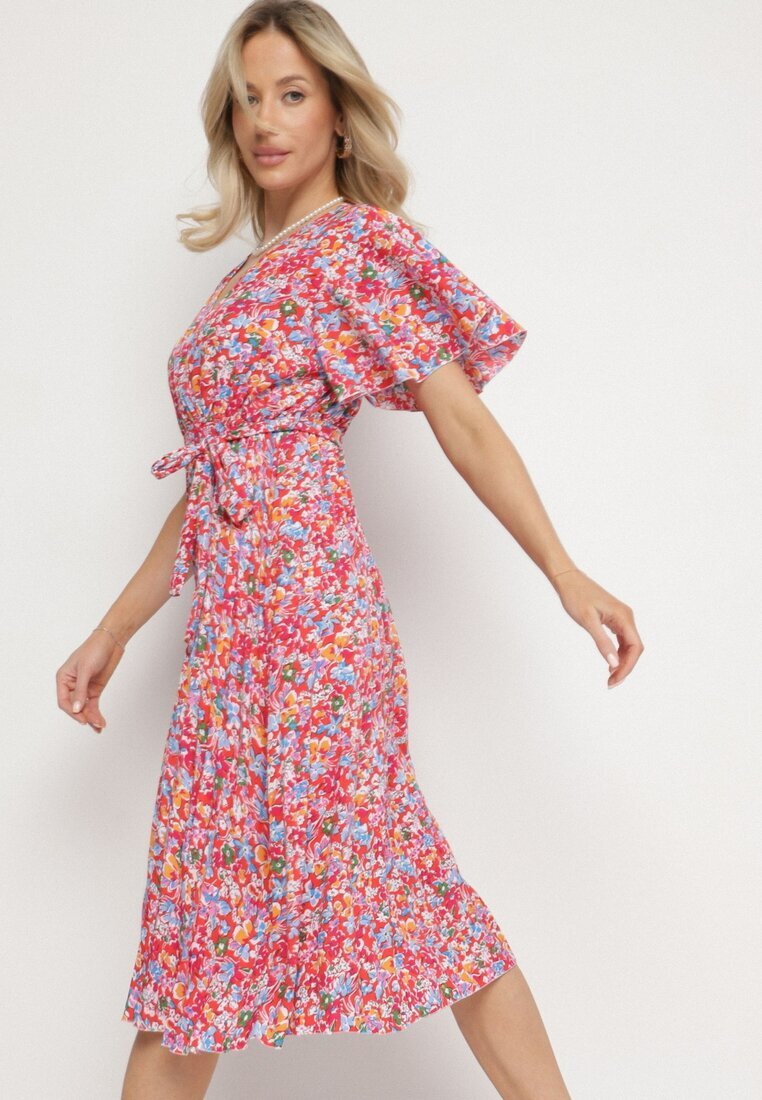 defox Rochie Evazată Roșie Florală cu Decolteu Petrecut Plisată Lanasira