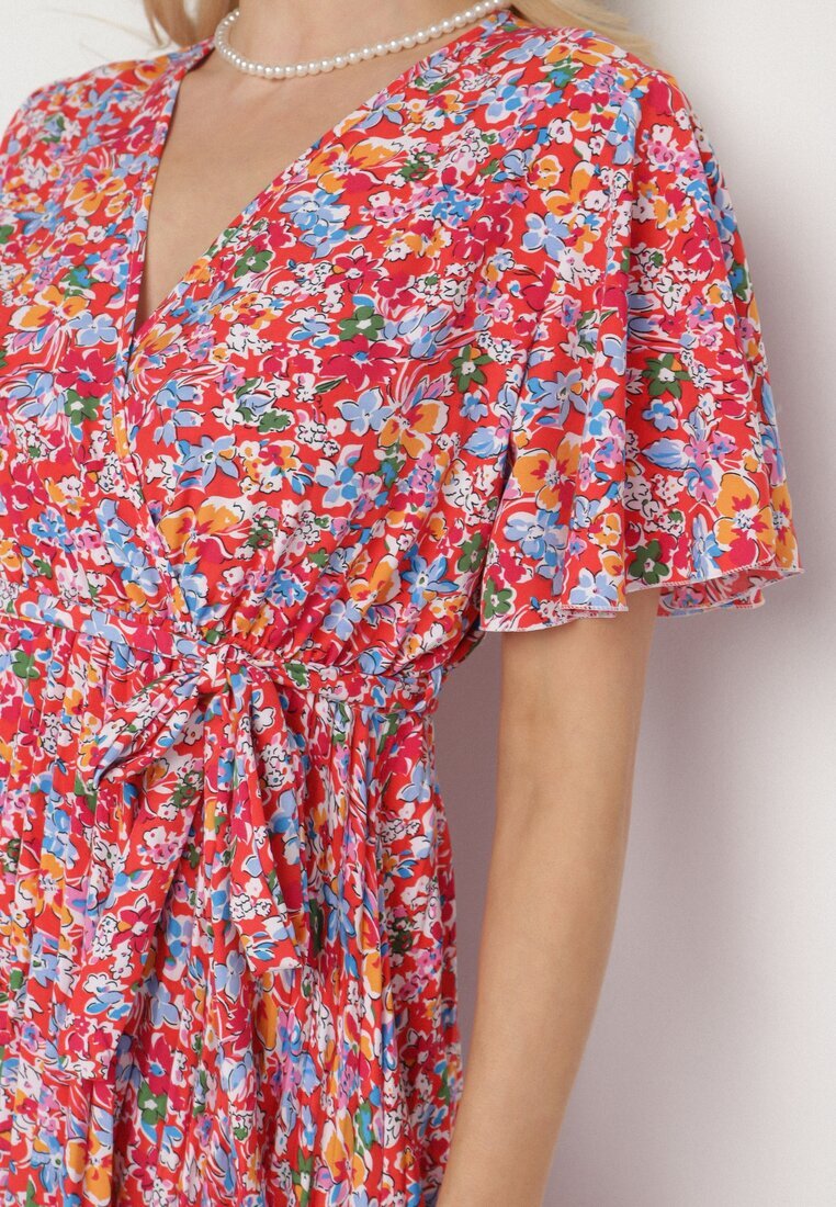 defox Rochie Evazată Roșie Florală cu Decolteu Petrecut Plisată Lanasira