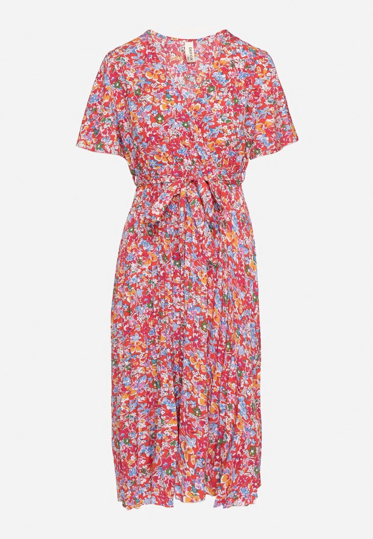 defox Rochie Evazată Roșie Florală cu Decolteu Petrecut Plisată Lanasira