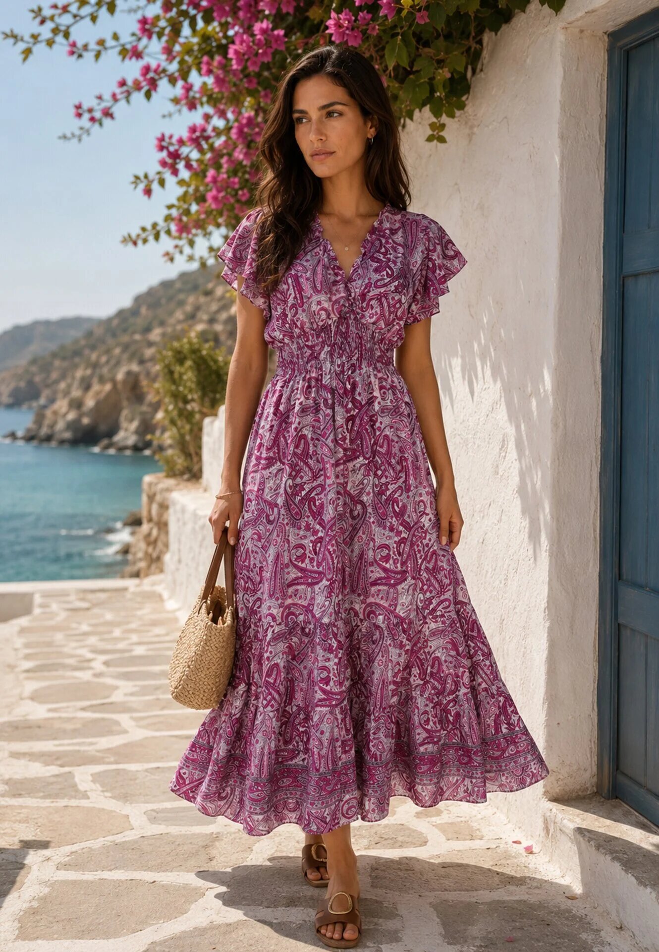 defox Rochie evazată tip plic violetă din bumbac cu model Paisley cu elastic în talie Zonne