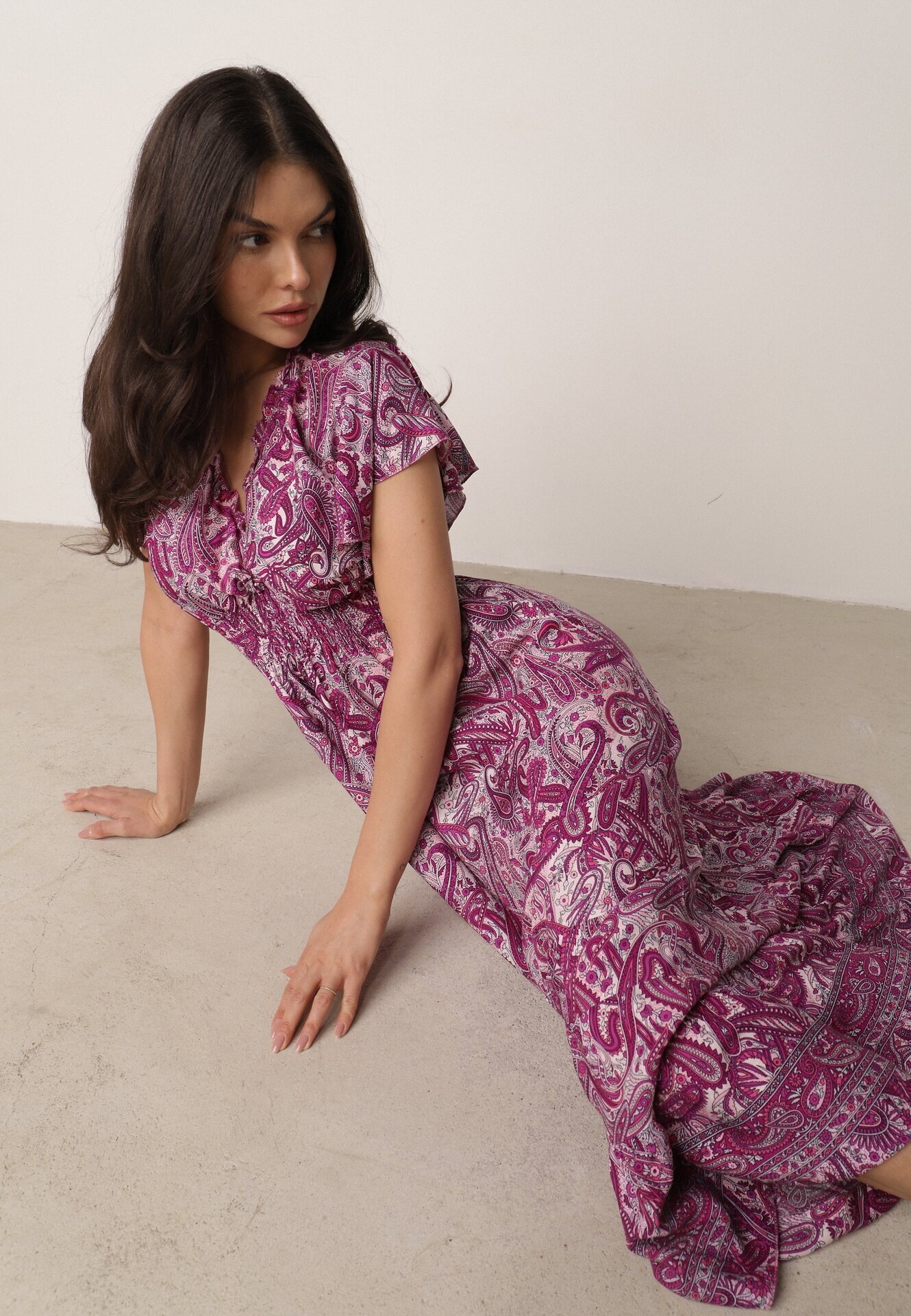 defox Rochie evazată tip plic violetă din bumbac cu model Paisley cu elastic în talie Zonne