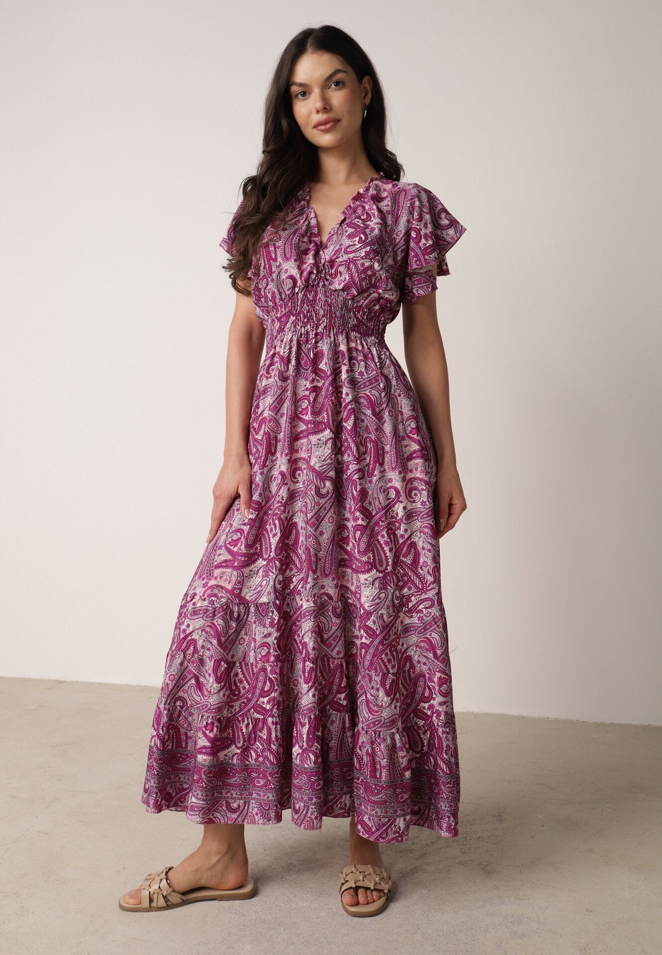 defox Rochie evazată tip plic violetă din bumbac cu model Paisley cu elastic în talie Zonne