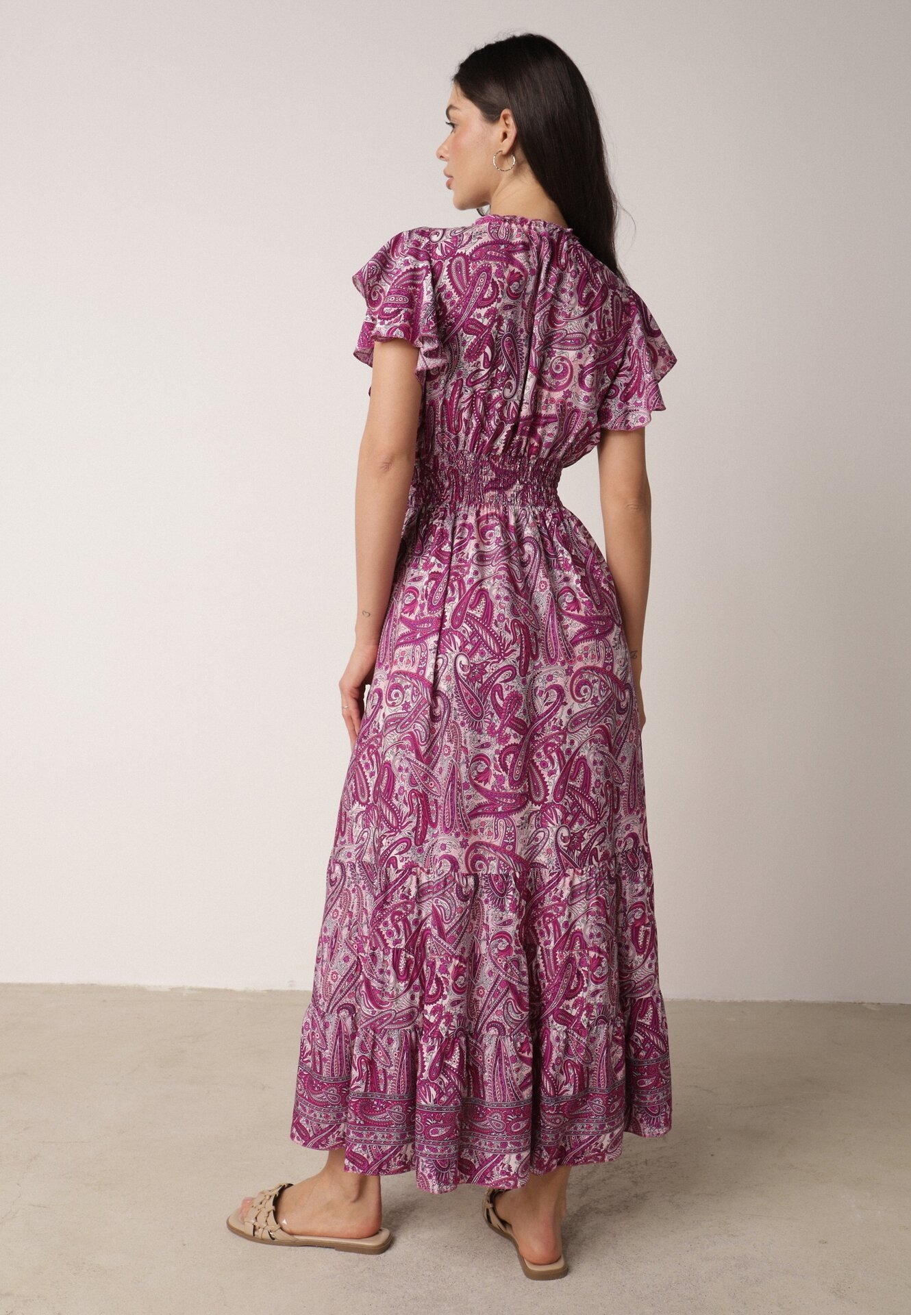 defox Rochie evazată tip plic violetă din bumbac cu model Paisley cu elastic în talie Zonne