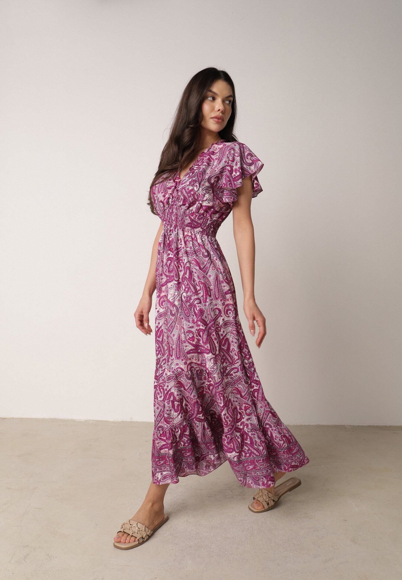 defox Rochie evazată tip plic violetă din bumbac cu model Paisley cu elastic în talie Zonne