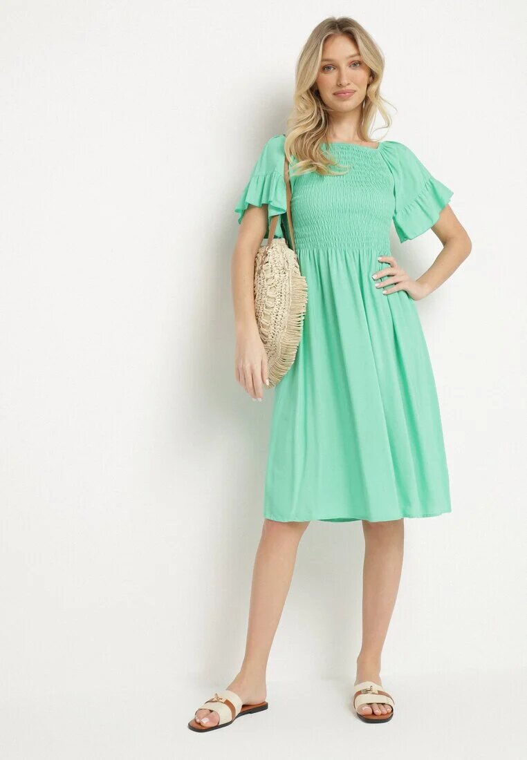 defox Rochie evazată verde deschis de bumbac cu mâneci bufante și top elastic Veliova