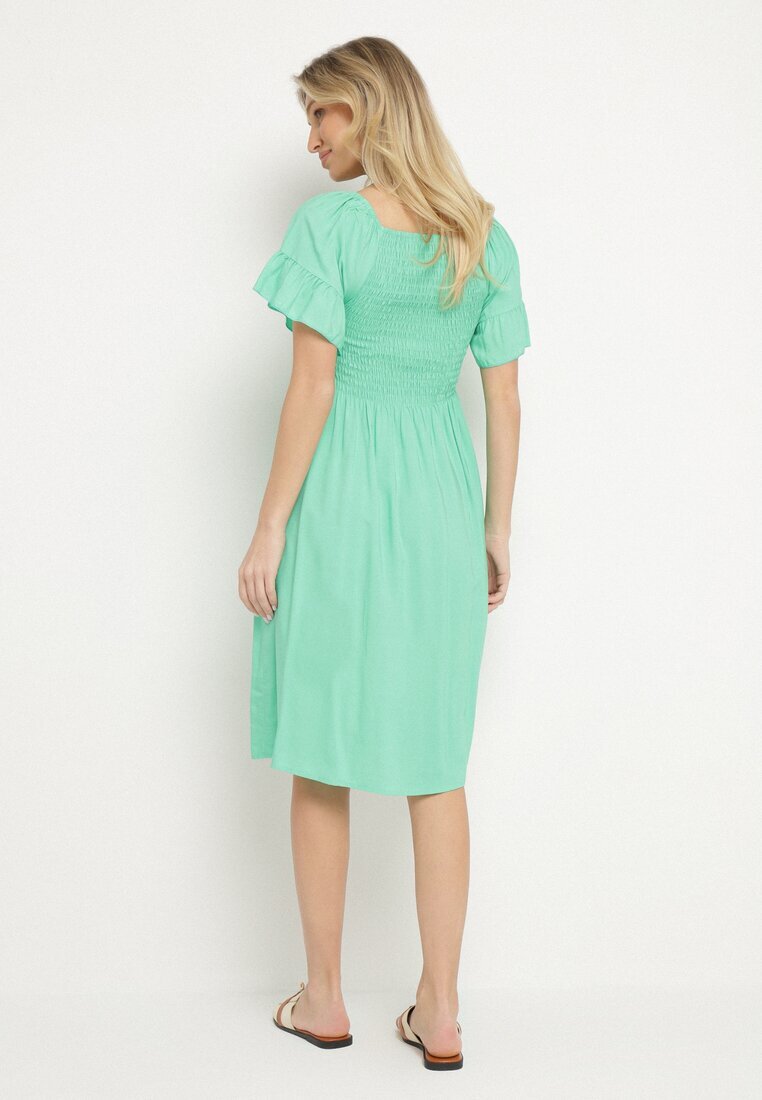 defox Rochie evazată verde deschis de bumbac cu mâneci bufante și top elastic Veliova