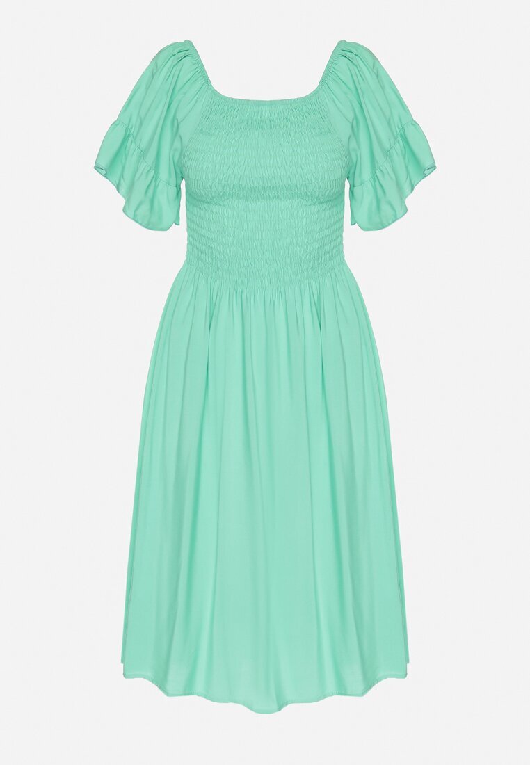 defox Rochie evazată verde deschis de bumbac cu mâneci bufante și top elastic Veliova