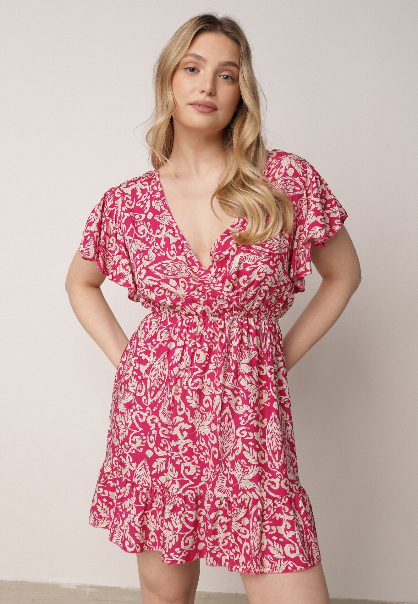 defox Rochie Fucsia Cloș de bumbac cu elastic în talie și volane Nelsea