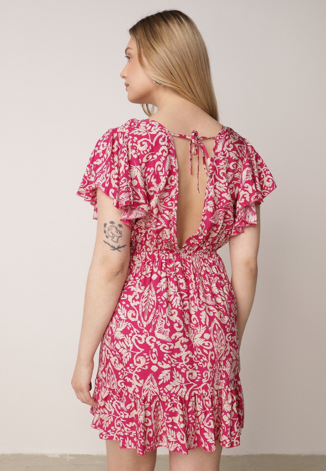 defox Rochie Fucsia Cloș de bumbac cu elastic în talie și volane Nelsea