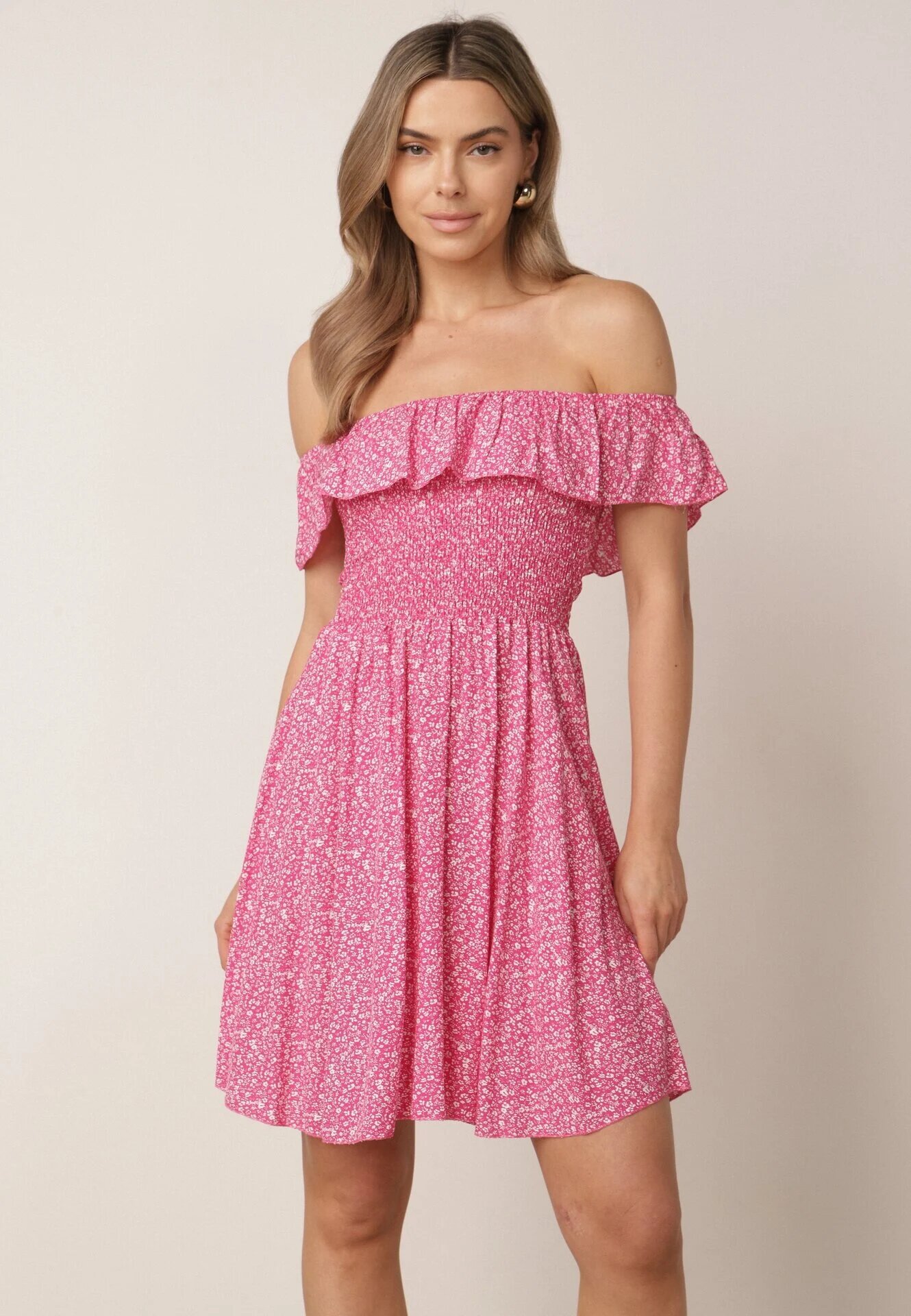 defox Rochie fucsia de bumbac cu decolteu spaniol și partea superioară încrețită cu imprimeu floral Samorea