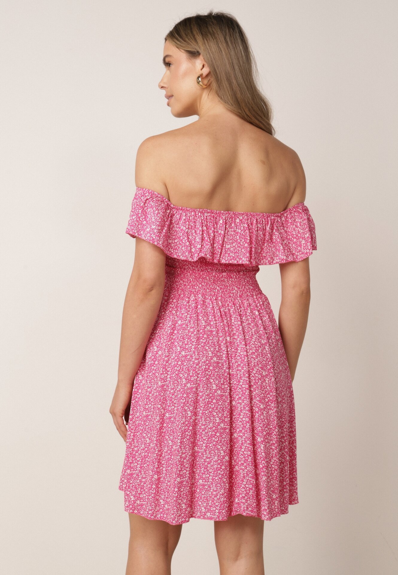 defox Rochie fucsia de bumbac cu decolteu spaniol și partea superioară încrețită cu imprimeu floral Samorea