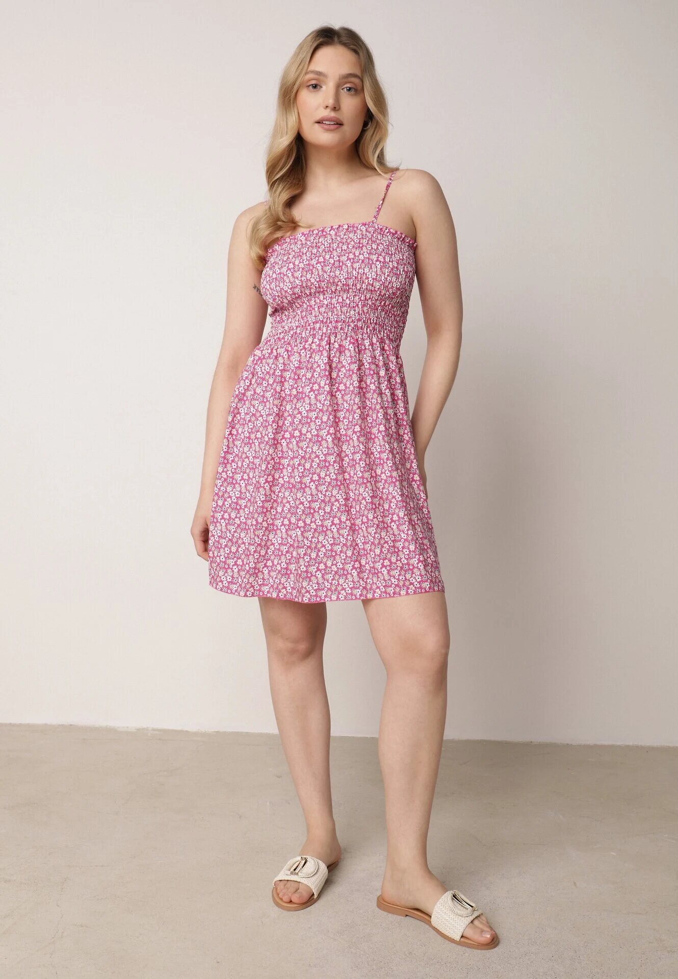 defox Rochie Fucsia de bumbac pe bretele reglabile cu decolteu elastic Risetta