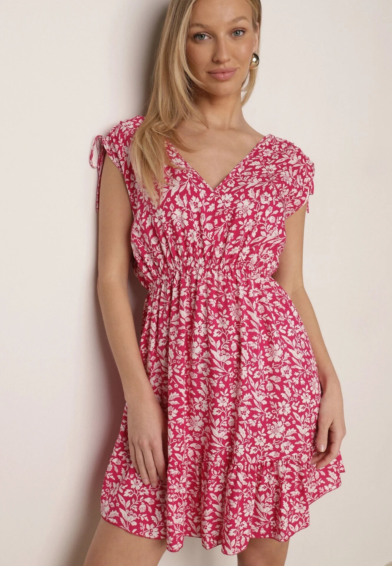 defox Rochie Fucsia din bumbac cu bretele cu elastic și nasturi cu elastic în talie Tesria
