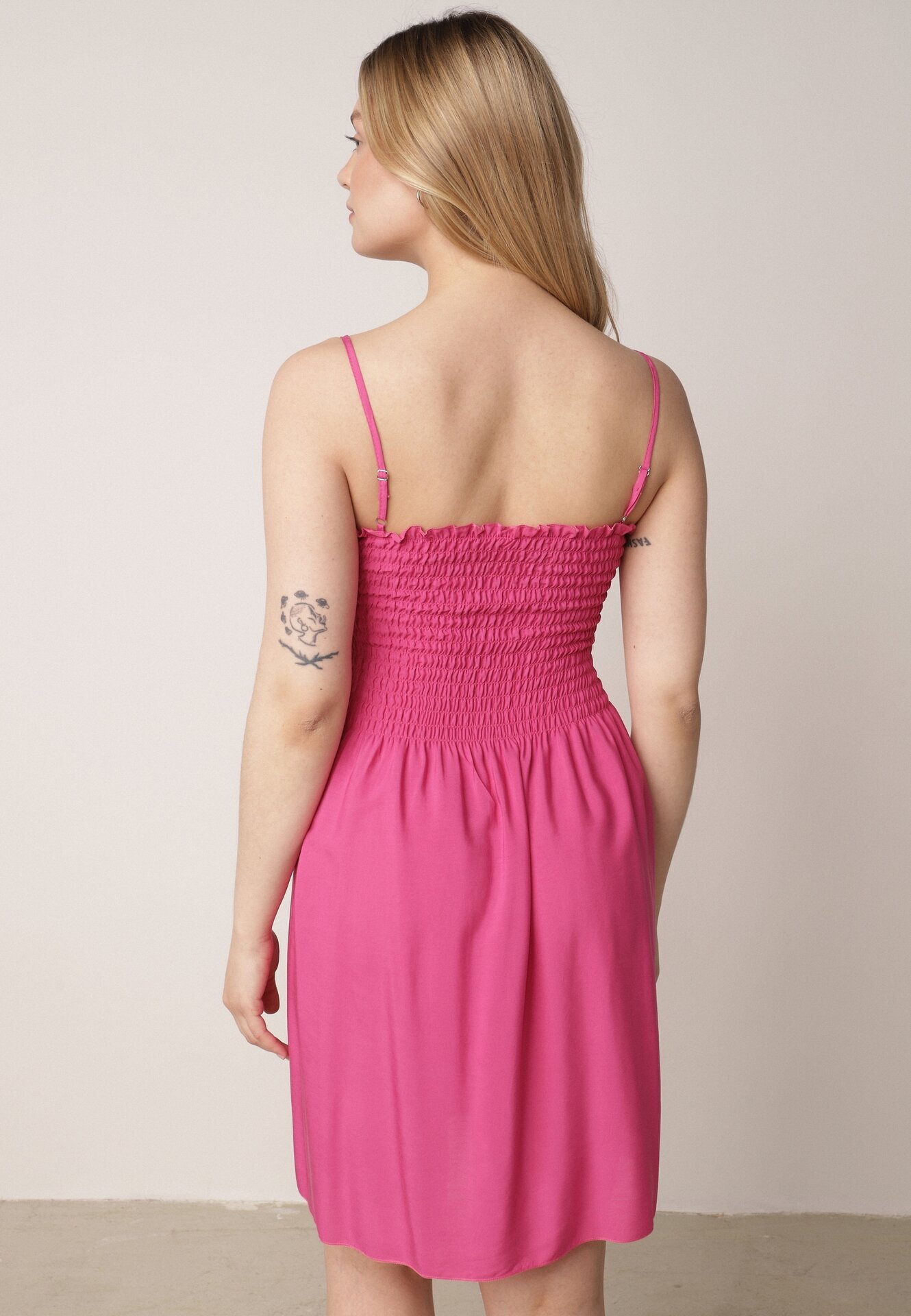 defox Rochie Fucsia din Bumbac cu Bretele și Decolteu Încrețit Krisele