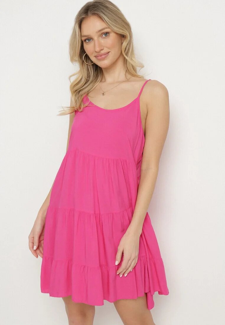 defox Rochie fucsia evazată din bumbac cu bretele cu volane Lilivane