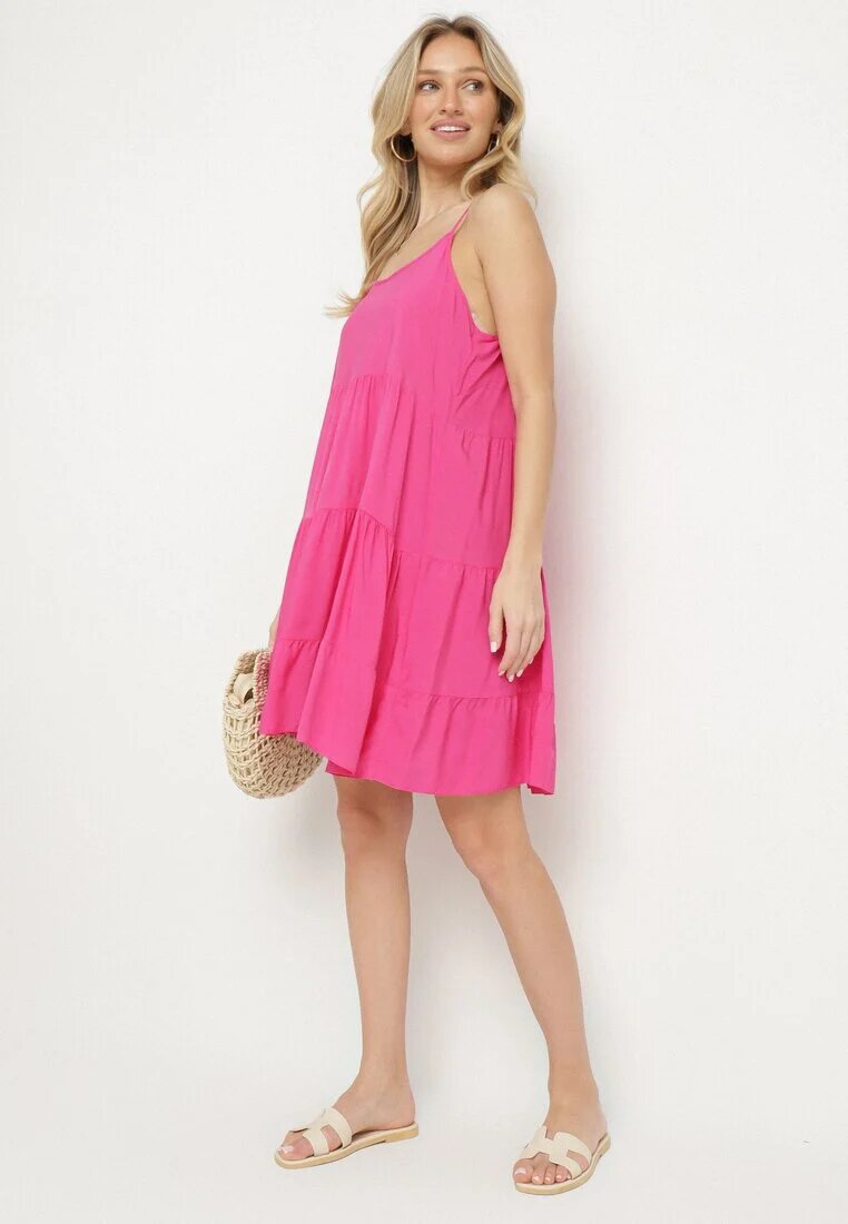 defox Rochie fucsia evazată din bumbac cu bretele cu volane Lilivane