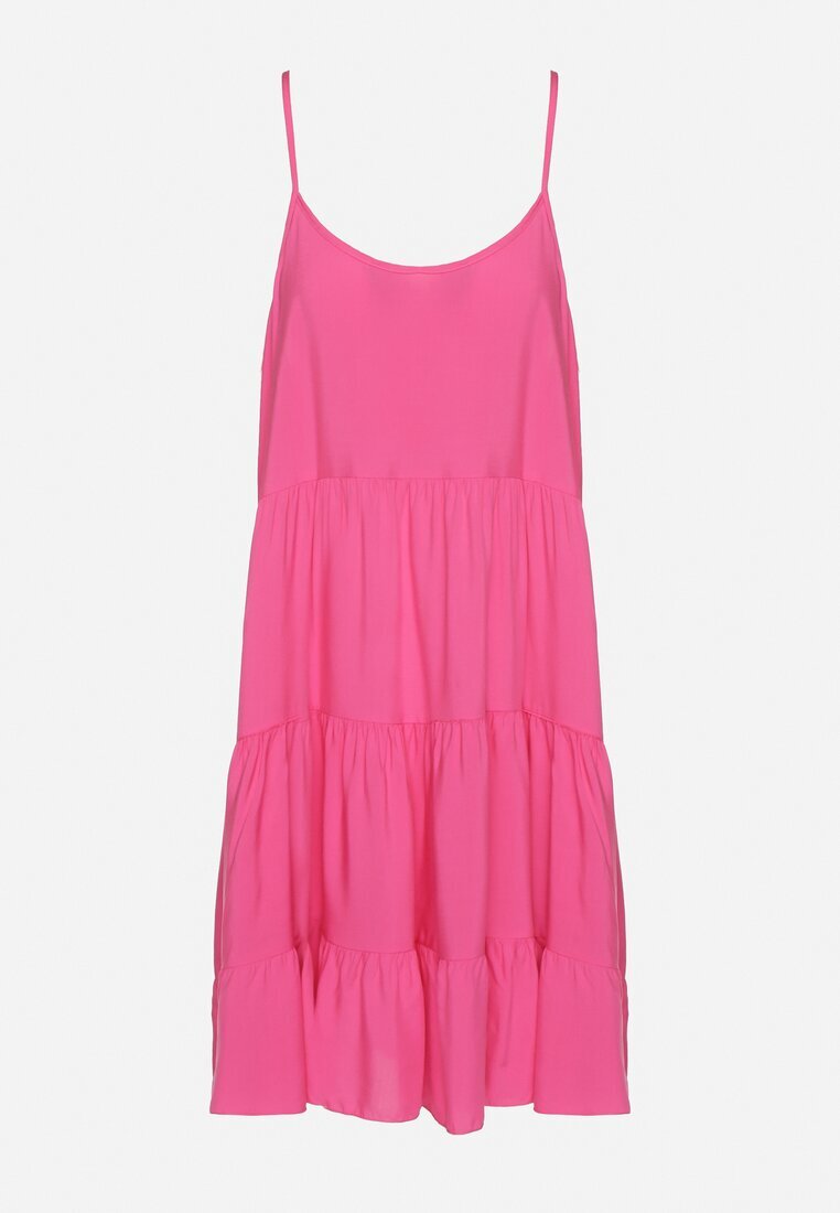 defox Rochie fucsia evazată din bumbac cu bretele cu volane Lilivane