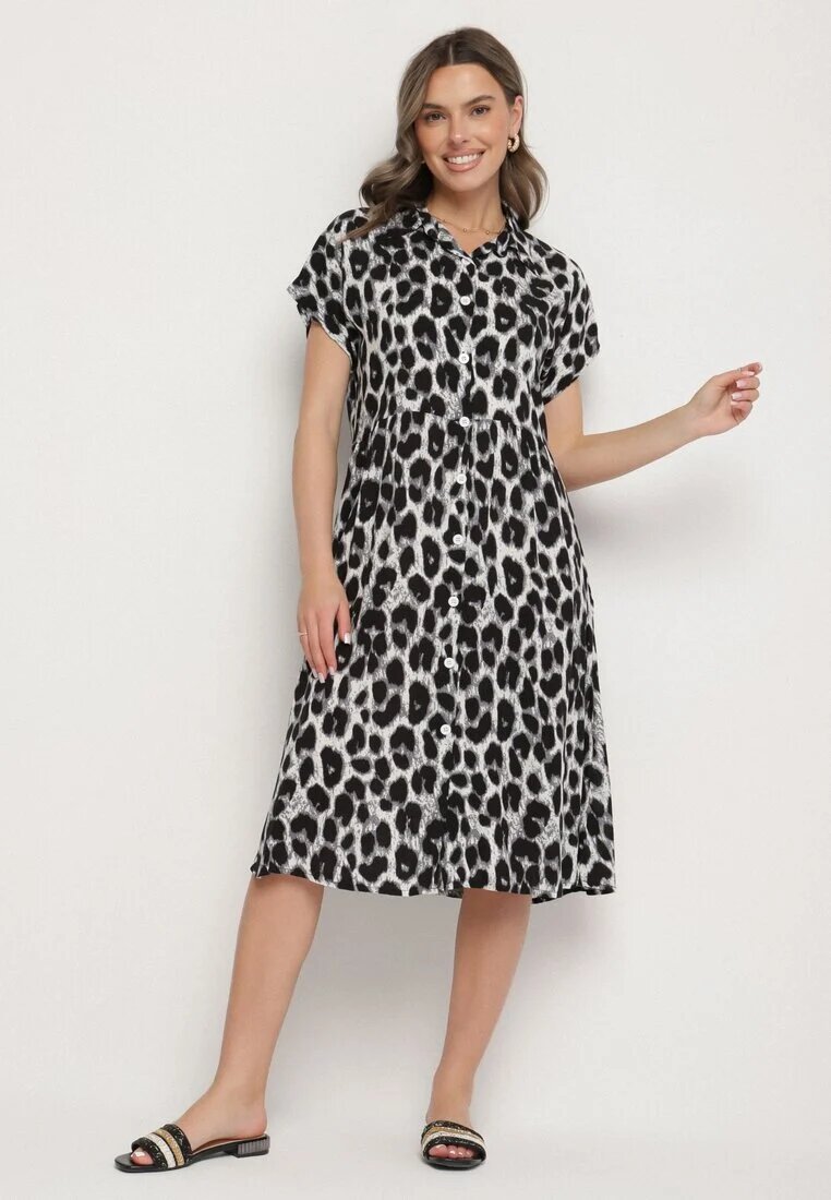 defox Rochie Gri-Neagră din bumbac tip cămașă cu buzunare cu imprimeu leopard Iffanea