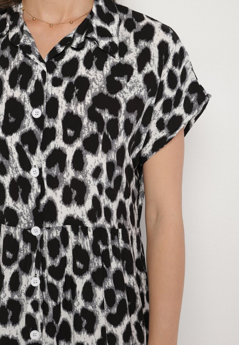 defox Rochie Gri-Neagră din bumbac tip cămașă cu buzunare cu imprimeu leopard Iffanea