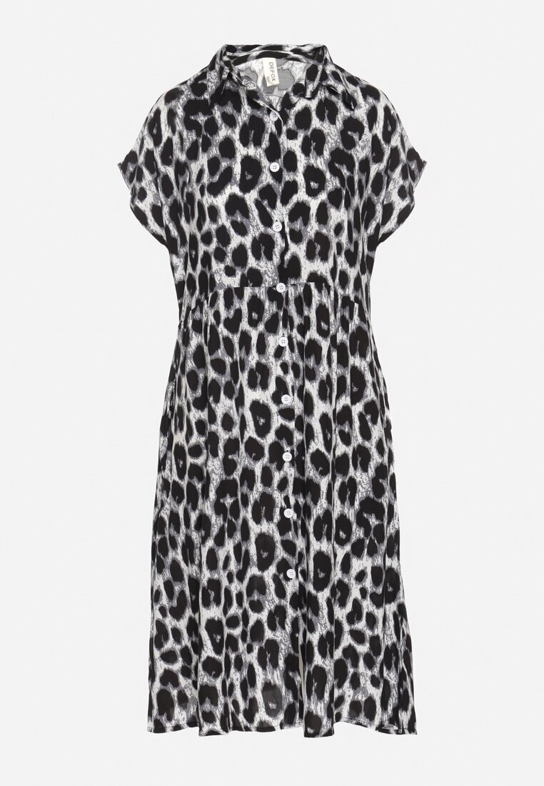defox Rochie Gri-Neagră din bumbac tip cămașă cu buzunare cu imprimeu leopard Iffanea