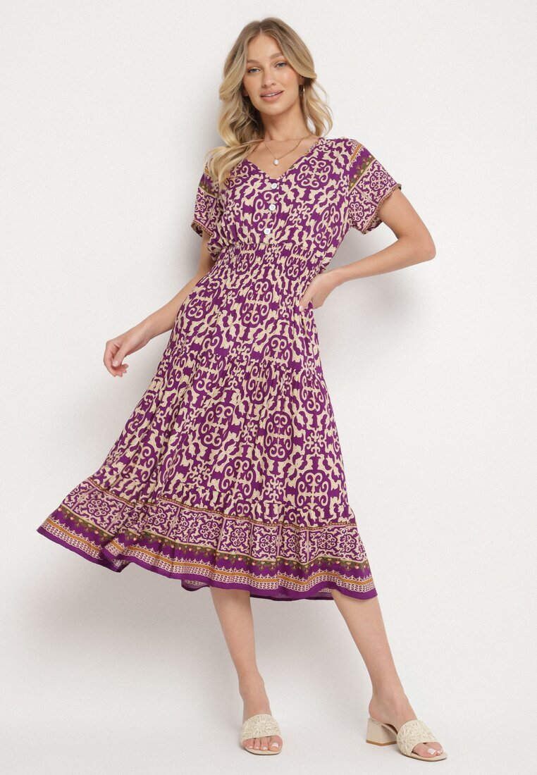 defox Rochie mov închis din bumbac cu nasturi și model ornamental Zisselle