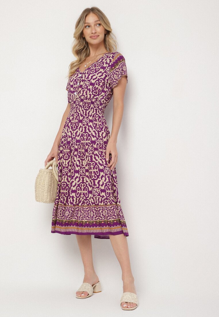 defox Rochie mov închis din bumbac cu nasturi și model ornamental Zisselle