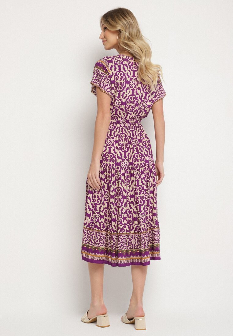 defox Rochie mov închis din bumbac cu nasturi și model ornamental Zisselle