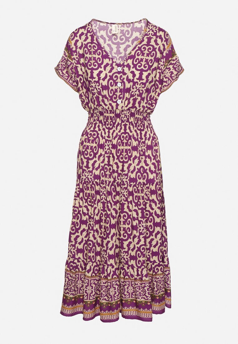 defox Rochie mov închis din bumbac cu nasturi și model ornamental Zisselle