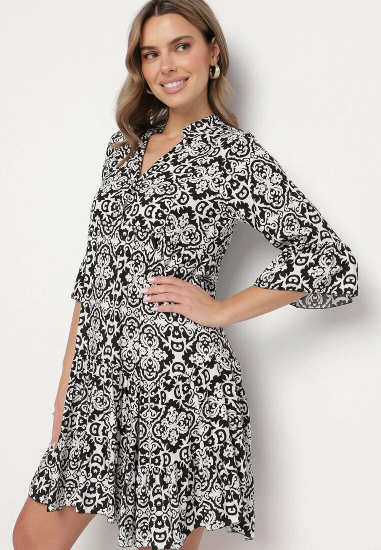 defox Rochie Neagră de bumbac cloș cu volan cu imprimeu ornamental Laneloren