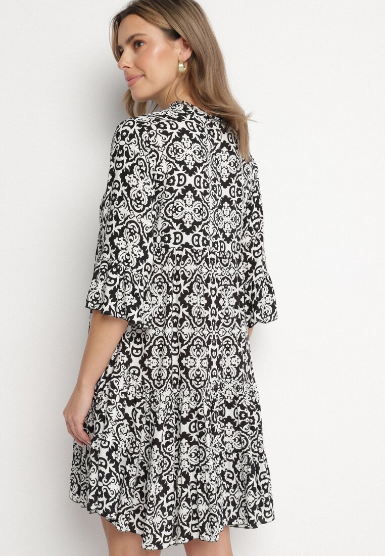 defox Rochie Neagră de bumbac cloș cu volan cu imprimeu ornamental Laneloren