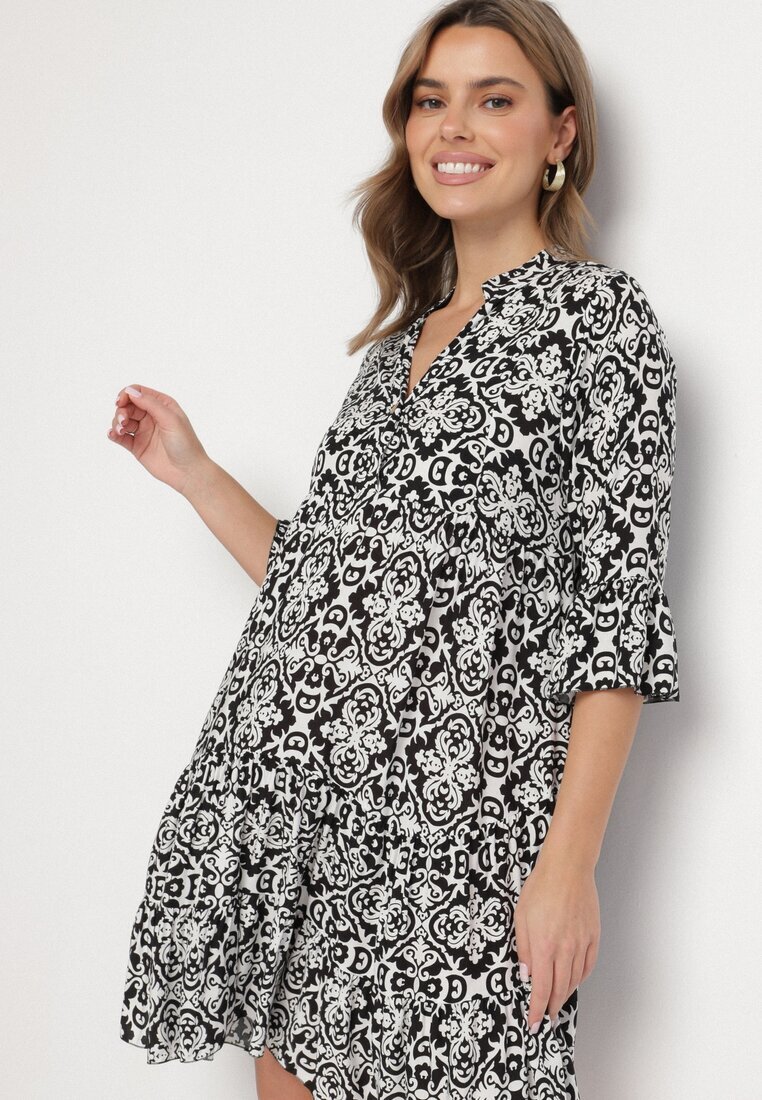 defox Rochie Neagră de bumbac cloș cu volan cu imprimeu ornamental Laneloren