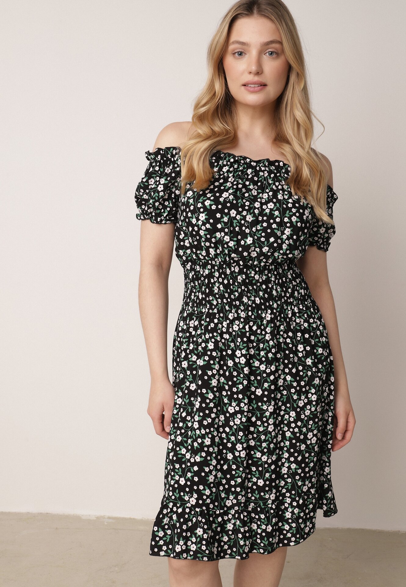 defox Rochie Neagră de Bumbac Stil Spaniolă cu Imprimeu Floral și Elastic Încrețit în Talie Rosaliya