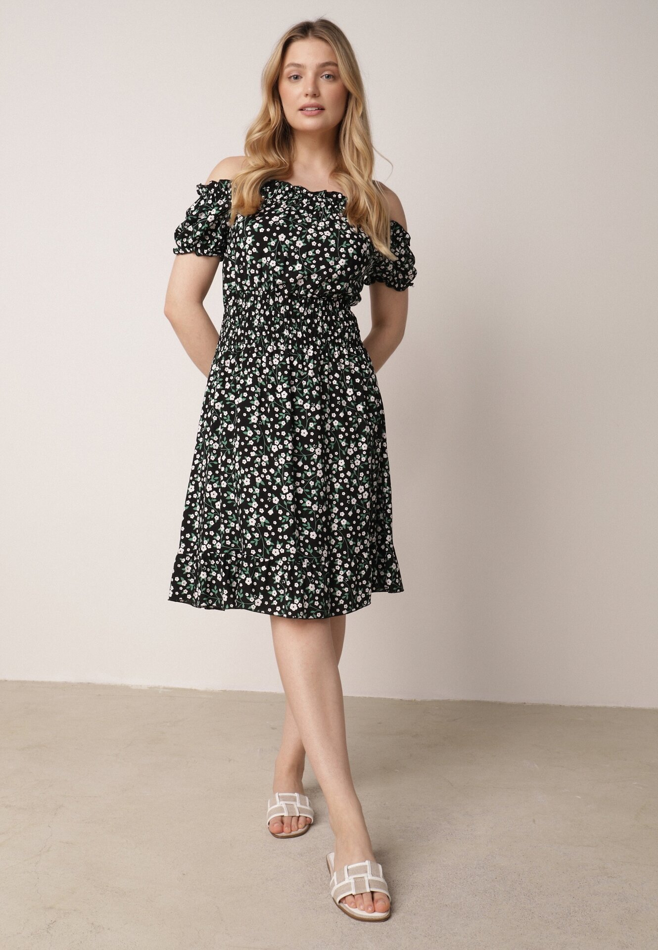 defox Rochie Neagră de Bumbac Stil Spaniolă cu Imprimeu Floral și Elastic Încrețit în Talie Rosaliya