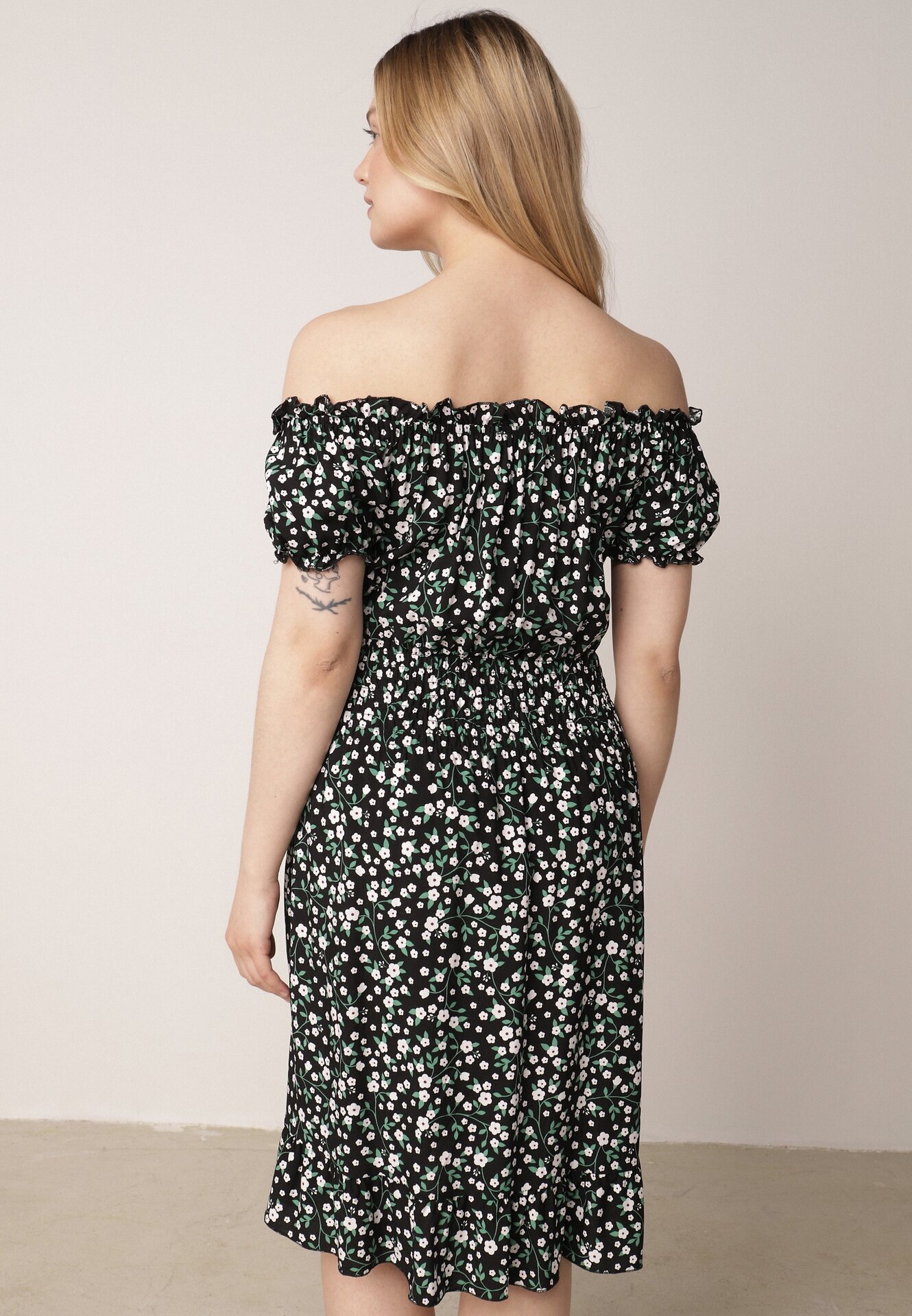 defox Rochie Neagră de Bumbac Stil Spaniolă cu Imprimeu Floral și Elastic Încrețit în Talie Rosaliya