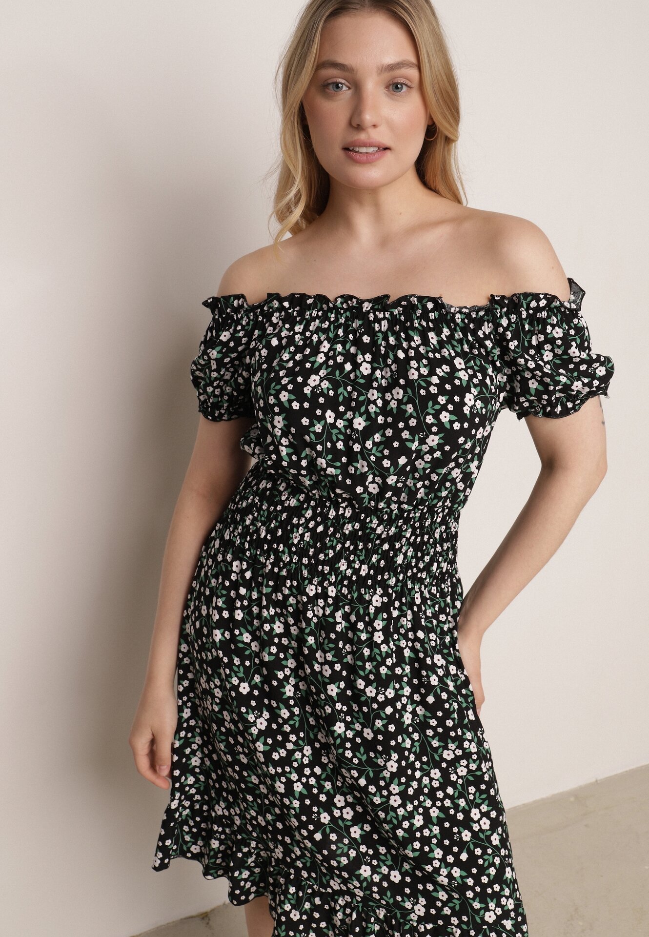 defox Rochie Neagră de Bumbac Stil Spaniolă cu Imprimeu Floral și Elastic Încrețit în Talie Rosaliya