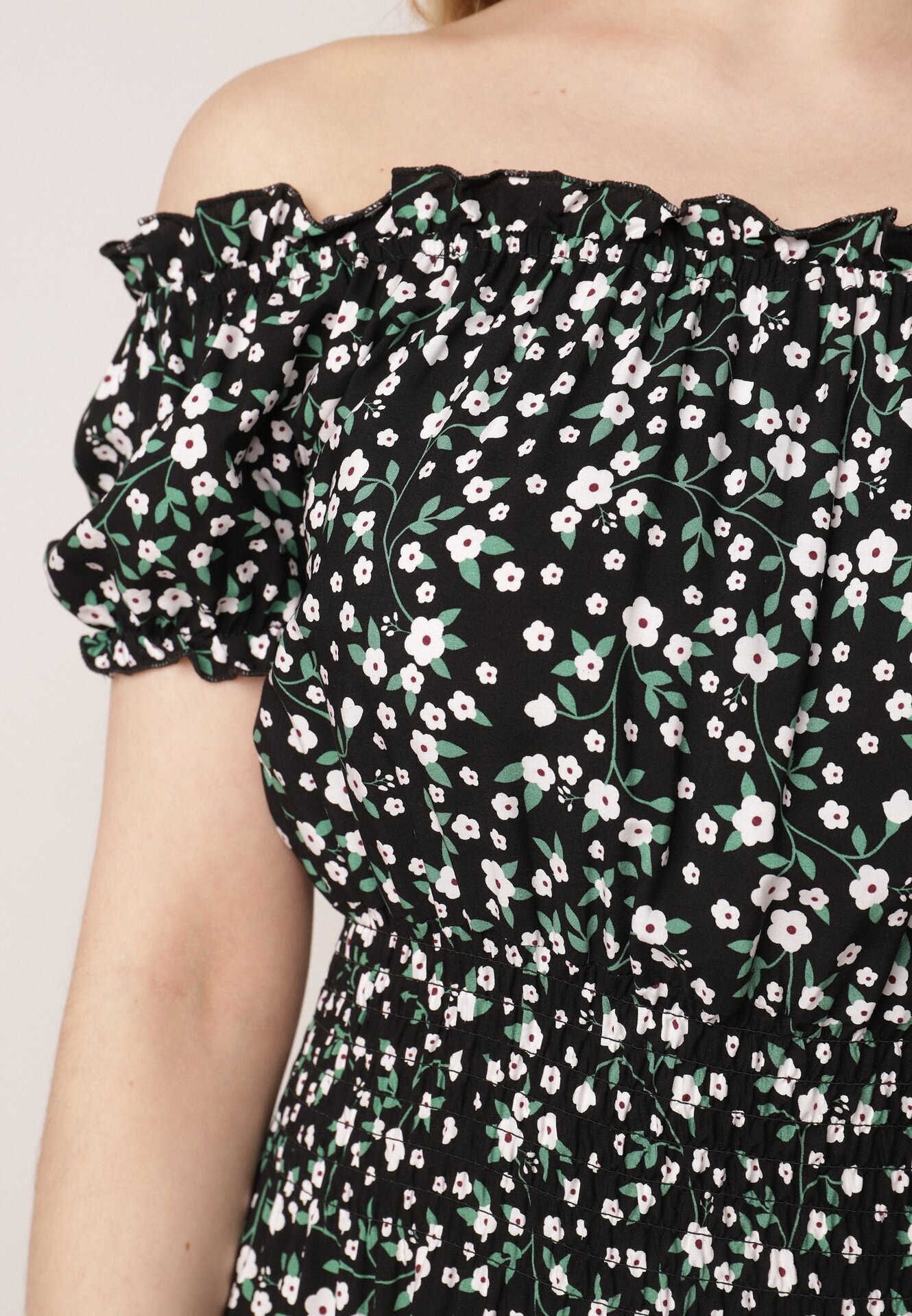 defox Rochie Neagră de Bumbac Stil Spaniolă cu Imprimeu Floral și Elastic Încrețit în Talie Rosaliya